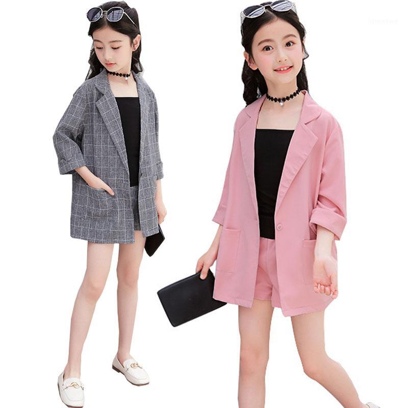 

Teenage Girls Clothing Set Summer Gray Pink Jackets Shorts Tracksuit 3pcs School Uniform Girls Clothes Children Outfits 10 Year1, Dark grey