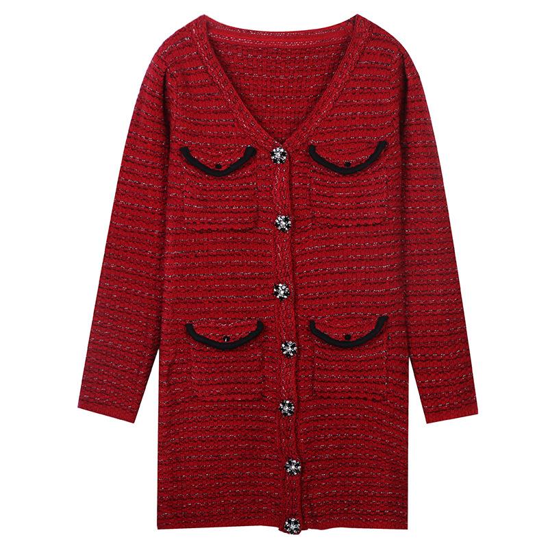 

European style autumn winter women sweater dress fashion knitwear v-neck long sleeve lurex buttons vintage streetwear Korean ins, Red
