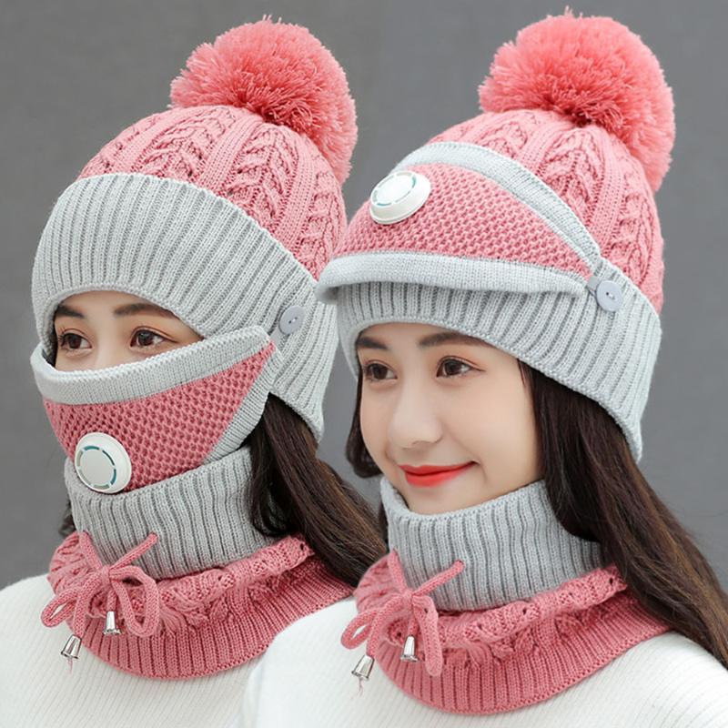 

2020 Winter knitted Hat For Women Beanies New Thickening Ear Protection Camping Knitted Hat Mask Hiking Scarves Pink Red Sets, Black