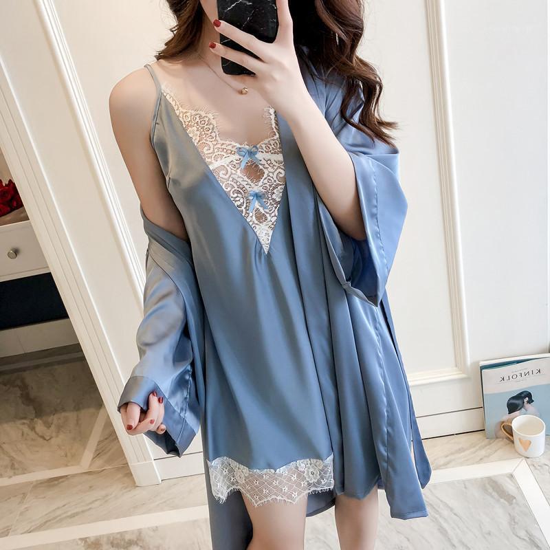 

Gray Female Sweet Bow Kimono Robe Gown Set Sexy Lace Satin Patchwork Home Wear Summer V-Neck Backless Nightdress Mini Sleepwear1, Gray-nightdress