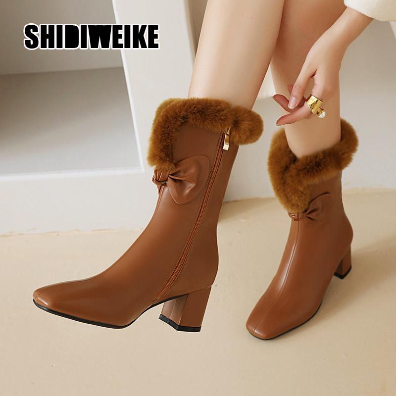 

2020 fashion Winter Women Snow Boots Warm Mid-Calf Boots Square heel Slip On Casual Women pu Shoes v732, Black