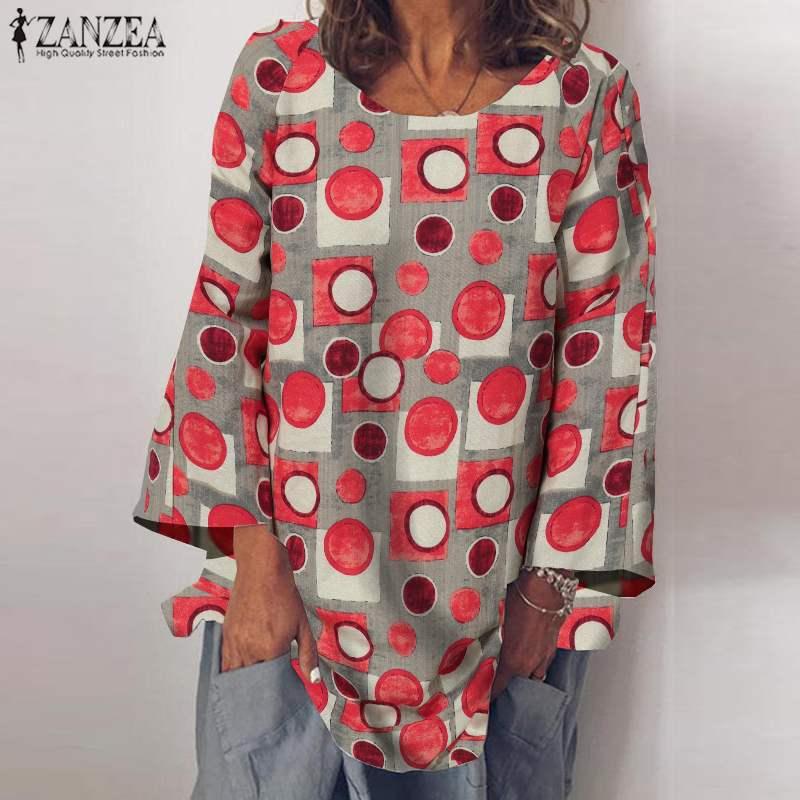 

Plus Size Vintage Printed Tops Women' Autumn Blouse ZANZEA 2020 Casual Long Sleeve Shirts Female O Neck Polka Dot Blusas Tops, Green