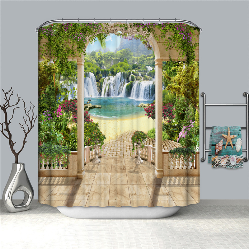 2021 Garden Scenery 3D Shower Curtain Flower Waterproof Green Bathroom