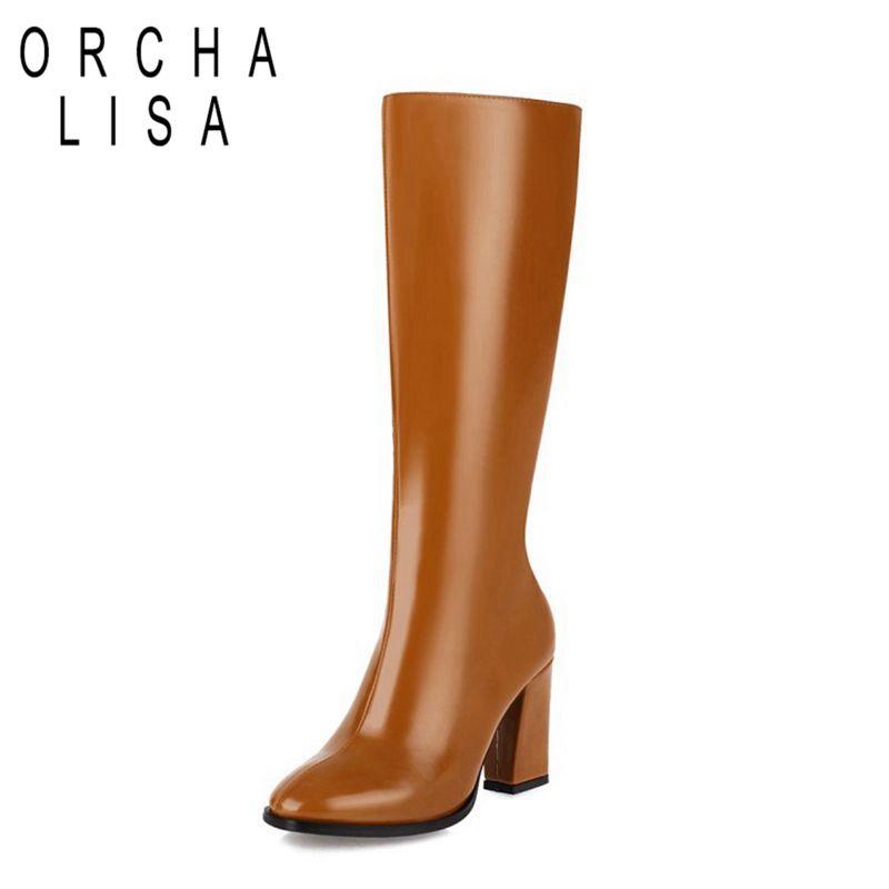 

ORCHA LISA Womens Winter shoes knee high boots women warm fur chunky heels 9cm zipper leather booties black white big size15 16, White no fur inside