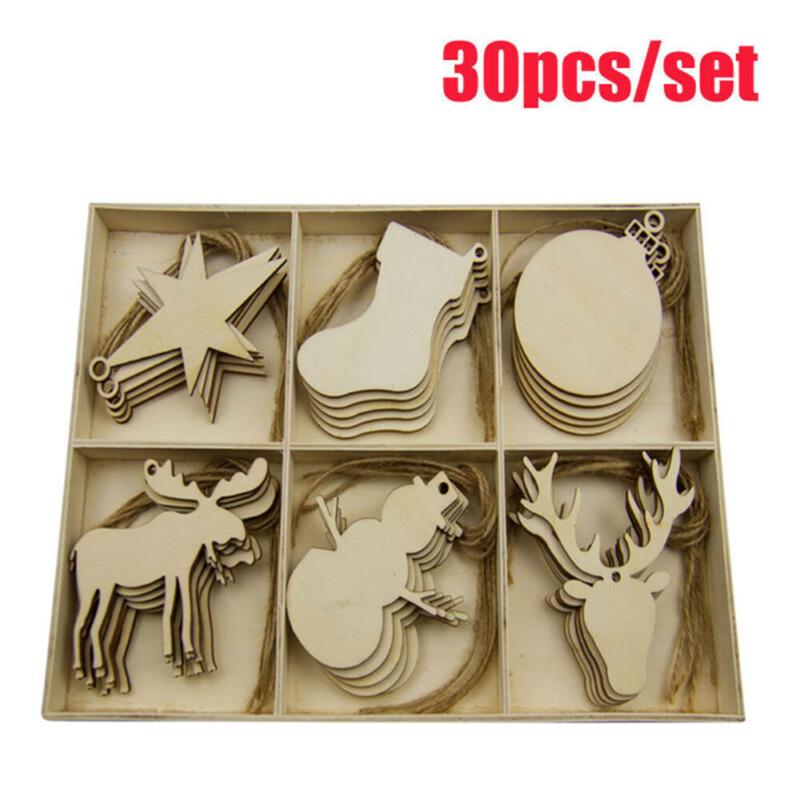 

30Pcs Shaped Wooden Chips + 30Pcs Twines Wood Xmas DIY Christmas Tree Ornaments Kids Gift Wall Hanging Decoration DIY Accessorie, As pic