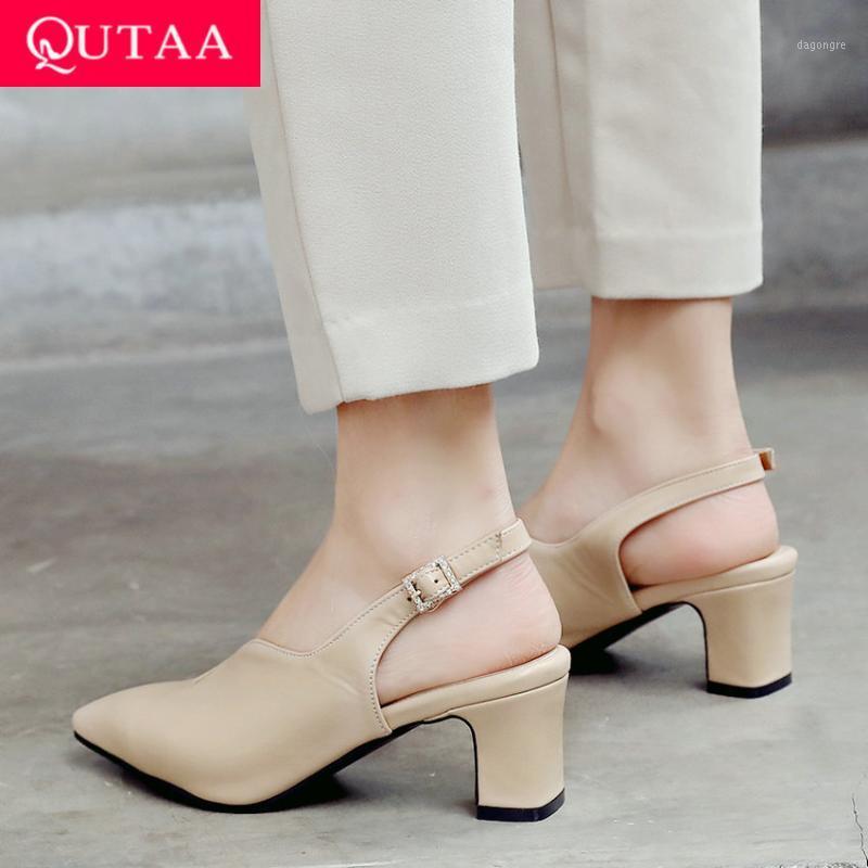 

QUTAA 2020 Women Shoes Platform Square High Heel Pointed Toe Women Pumps Leisure Pu Leather Buckle Ladies Pumps Size 34-431, Beige