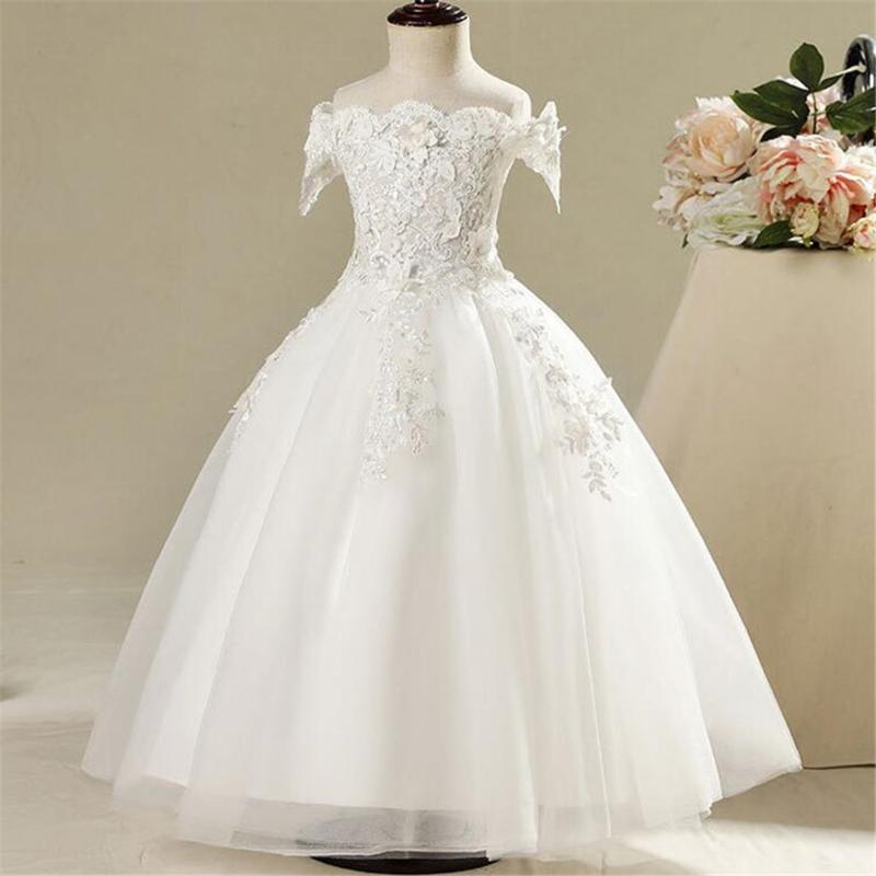 

Fashion Flower Girl Dresses Lace Applique Decoration Birthday Party Ball Gown Sleeveless Tulle Girl Wedding Pageant Dresses, White
