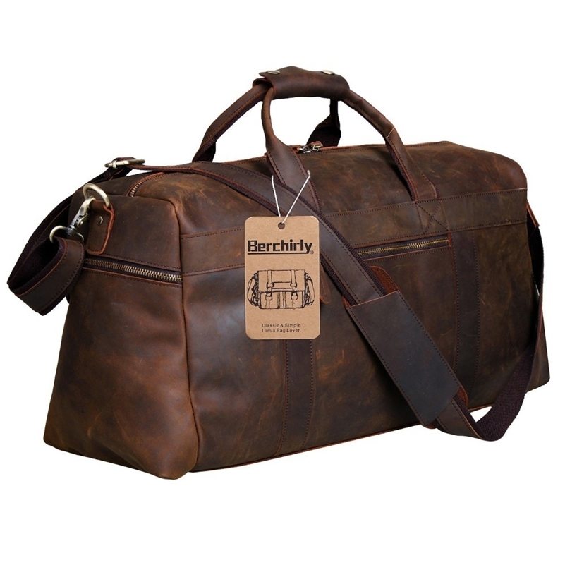 

Berchirly Vintage Crazy Horse Genuine Leather men duffle luggage travel Natural Cowhide Large Weekend bag Hangbag LJ200922, Coffee