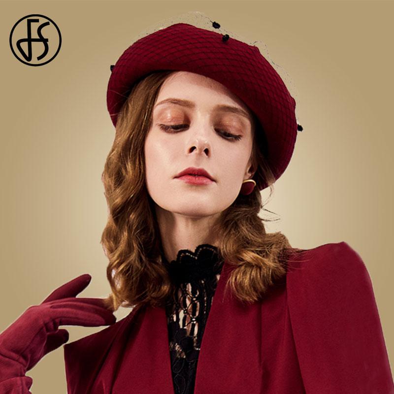 

FS French Womens Hat Beret With Veils Plain Solid Casual Vintage Berets Girls Wool Warm Winter Beanie Hats Femme Ladies Caps, White