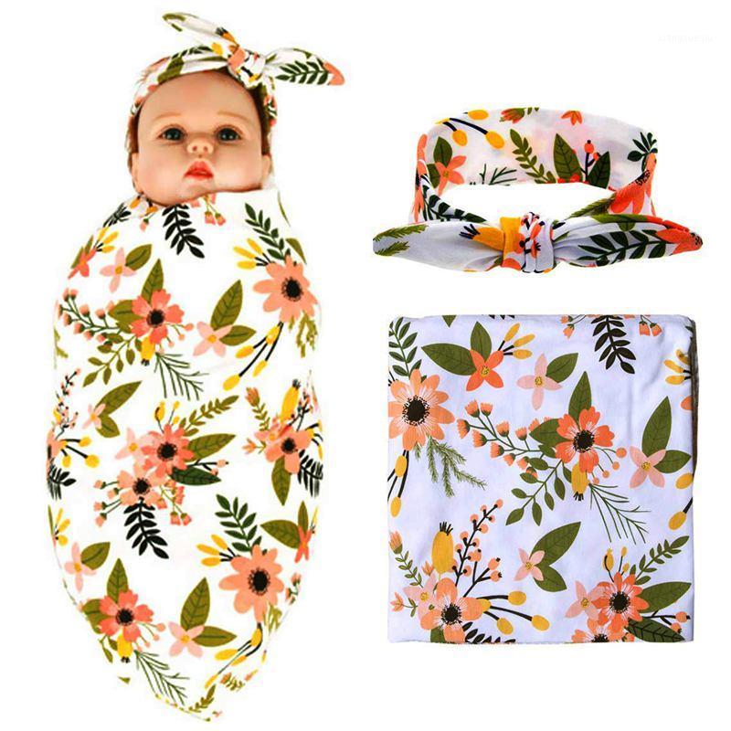 

Newborn Receiving Blanket Headband Set Flower Print Baby Swaddle Receiving Blankets1, Multi