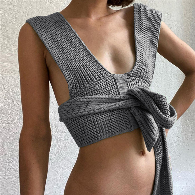 

Casual Women's Knitwear DIY Tops Elegant Lace-up Backless Sleeveless Top Knitted Sweater Female Ladies Women's Clothes Clubwear WBIX