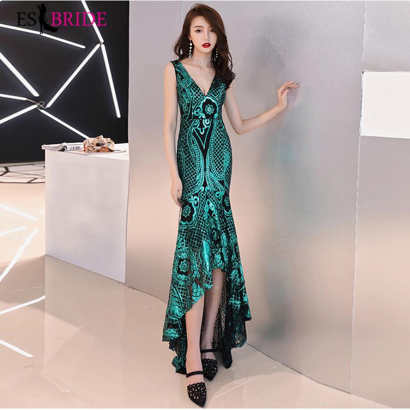 

Sexy Sparkle Evening Dresses Green Black Gold ES2916 Backless Ruffles Mermaid Sequined Formal Dresses High Low Party Gowns