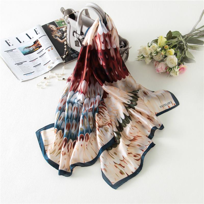 

Visual Axles Designer Silk Scarf Women 2020 Summer Beach Cover-ups Femme Feather Print Shawls and Wraps Foulard New