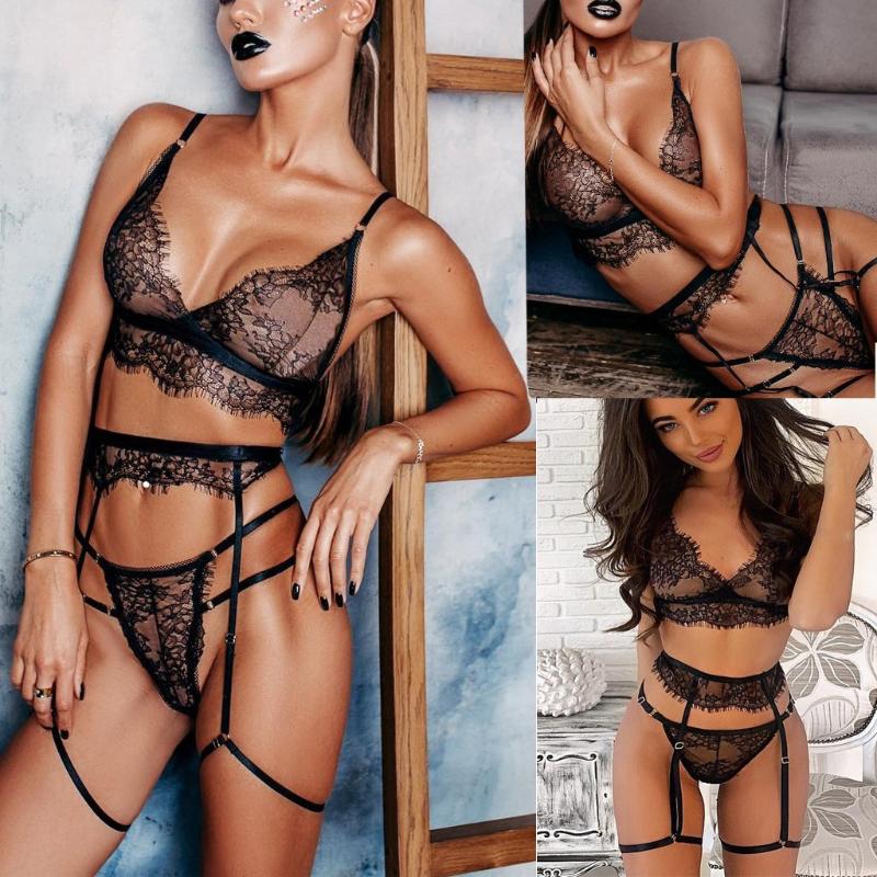 

Sexy Women Black Lace Bra Underwear Set Sexy Lingerie Sleepwear Thong + Garter Christmas Black Fashion Three-piece Lingerie
