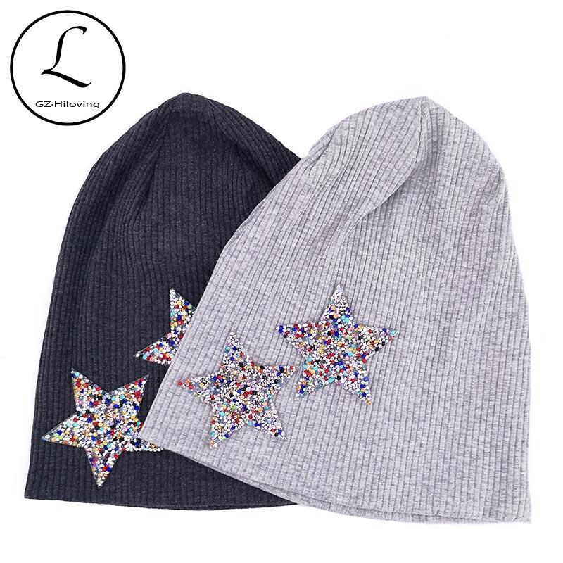 

GZhilovingL Colorful Rhinestones Star Beanies hats For Woman Ladies 2020 New Autumn Winter Cotton Ribbed Slouch Skullies Hats, White