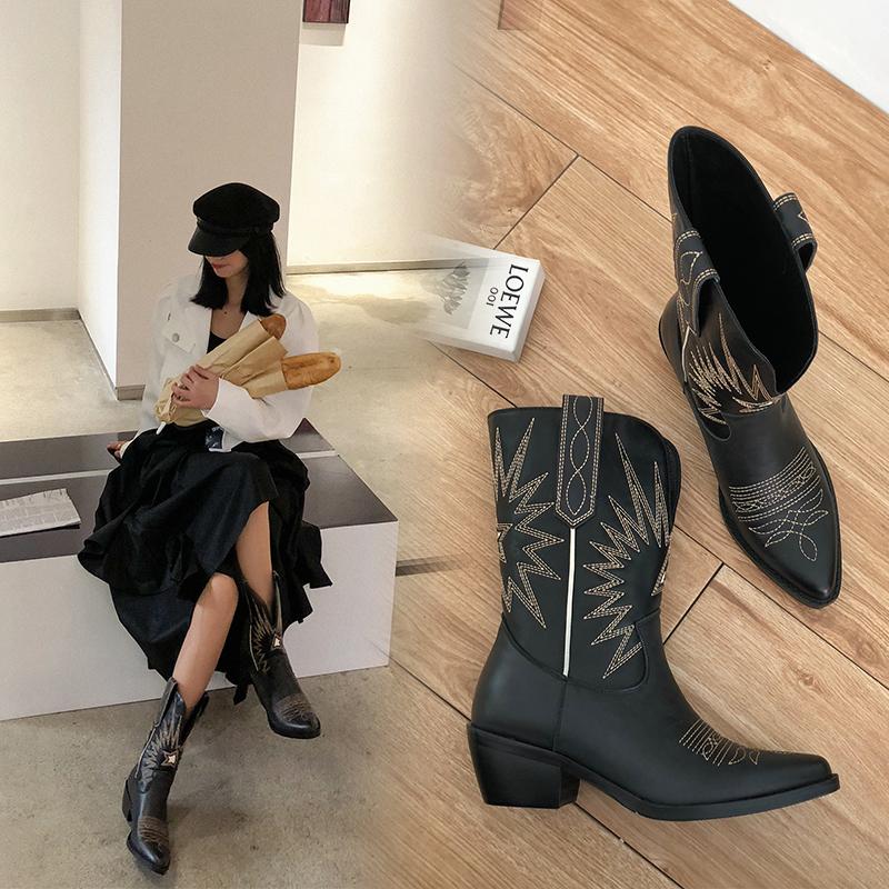 

Embroider Women Boots Med Heels Retro Knight Boots Female Genuine Leather Botas Mujer Western Cowboy Sale Boots2020, Black