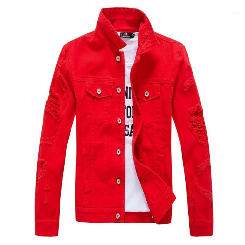 

2017 Hip Hop Mens Denim Jacket Broken Ripped Jean Jacket Men Urban Clothes Y20191, Red
