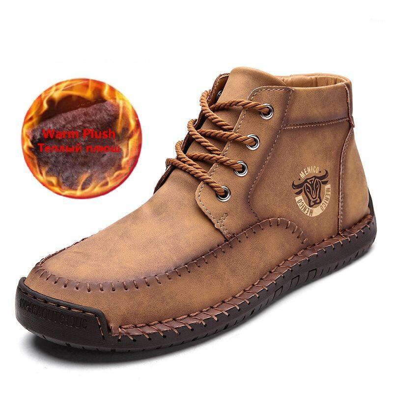 

New Winter Split Leather Men's Boots Warm Fur Snow Boots Men Outdoor Ankle Waterproof Work Casual Men Shoes Hiking1, No plush blue