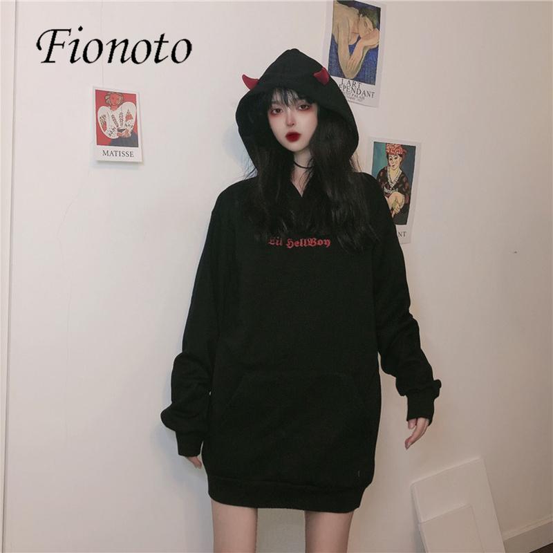 

Fall Spring Women Letter Sweatshirts High Street Harajuku Cute Hoodies Punk Gothic Devil Horn Chic Hooded Pullover Loose Top, Black