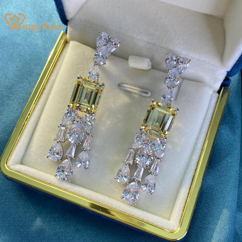 

Wong Rain 100% 925 Sterling Silver Emerald Cut Created Moissanite Citrine Gemstone Drop Dangle Earrings Fine Jewelry Wholesale