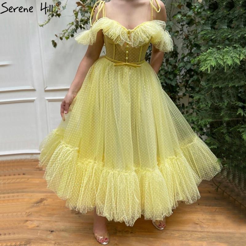 

Yellow Simple Sleeveles Sexy Evening Dresses Small Round Pattern A-Line Ankle Length Formal Dress Serene Hill 2020 LA70521, Yellow ankle length
