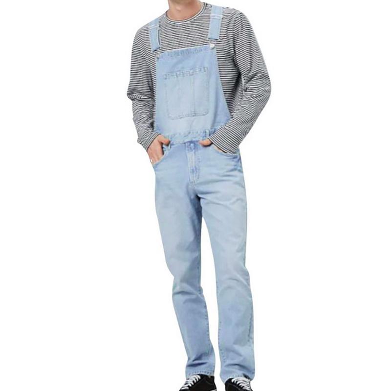 

Men' Denim Bib Pants Washed Full Length Jeans Jumpsuits Hip Hop Straight Jean Overalls for Men Streetwear New Male Jumpsuit, Light blue 2