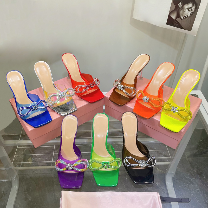 

thin heel slipper Mach latest fashion high heeled womens sandals luxury designer PVC transparent Rhinestone bow square head sandal Top quality women shoes, Red
