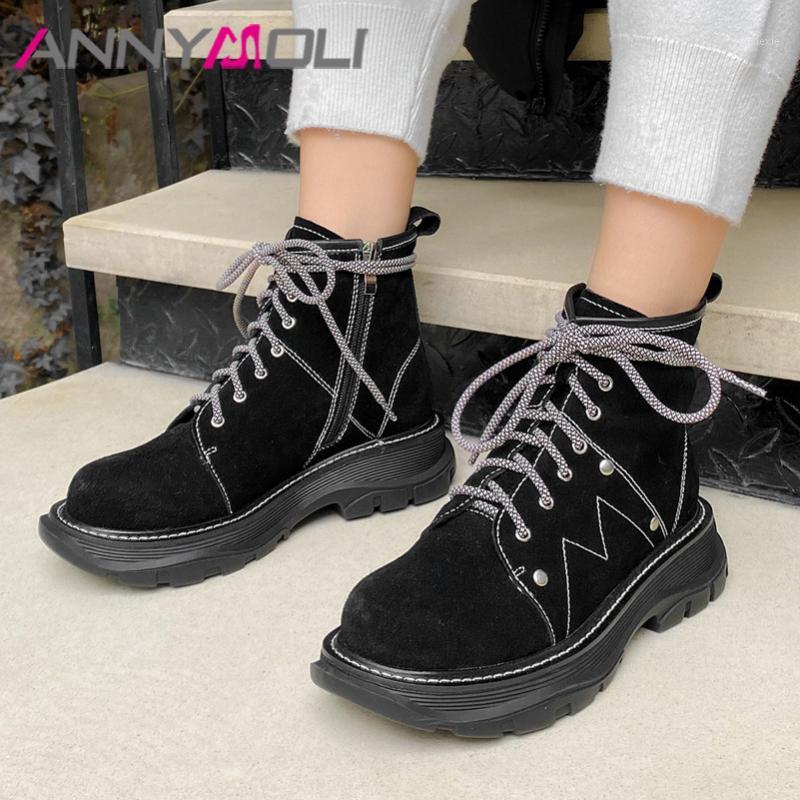 

ANNYMOLI Real Leather Cow Suede Platform Flat Ankle Boots Women Motorcycle Boots Shoes Zip Rivet Lace Up Warm Snow Lady 421, Black leather