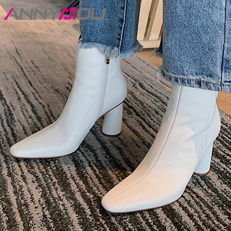 

ANNYMOLI Genuine Leather Extreme High Heel Ankle Boots Women Shoes Pointed Toe Block Heels Zip Short Boots Lady Autumn Winter 401, Beige synthetic l
