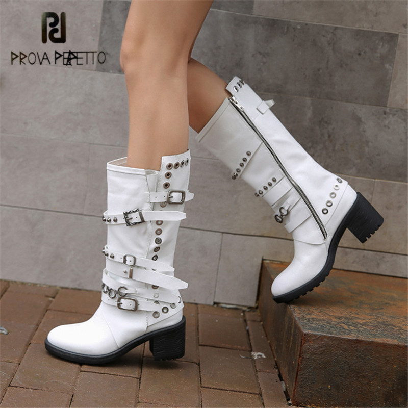 

Prova Perfetto White Women High Boots Rivet Studded High Heel Botas Mujer Straps Platform Rubber Boots Autumn Winter Botte Femme, Black