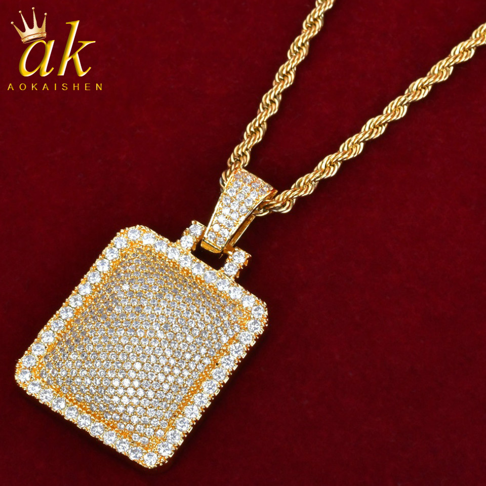 

Zirconia Necklace Square Dog Tag Pendant Gold Color Material Copper Full Cubic Zircons Men's Hip Hop Rock Street Jewelry With Rope Chain