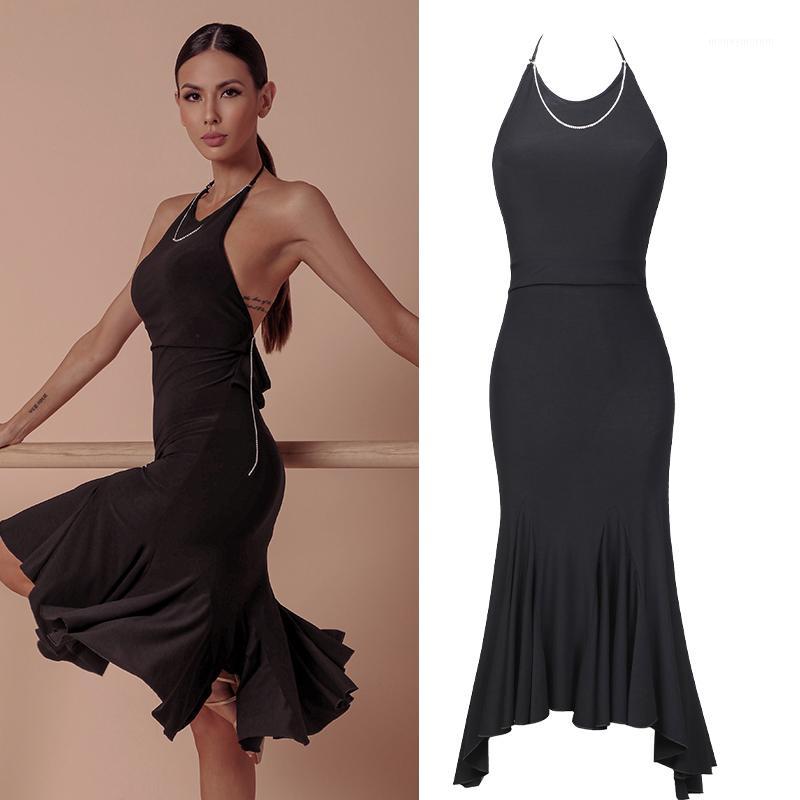 

Women Latin Dance Dress Practice Clothes Female Summer Sexy Halter Dress With Chest Pad Latin Dance Competition Dresses SL34371, As picture
