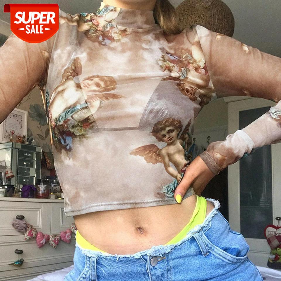 

2019 Women Long Sleeve See Through Sheer Mesh Angel Printed Top T-Shirt Ladies Printed Sexy Trendy Crop Top Tees Shirts Female #pP9N, White