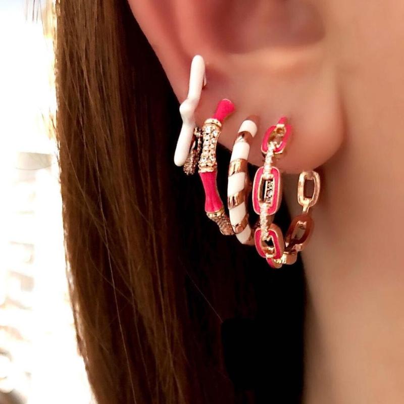 

Hoop & Huggie Fashion Chic Women Lady Jewelry Gold Color Colorful Enamel Geometric Circle Cuban Link Chain Earring