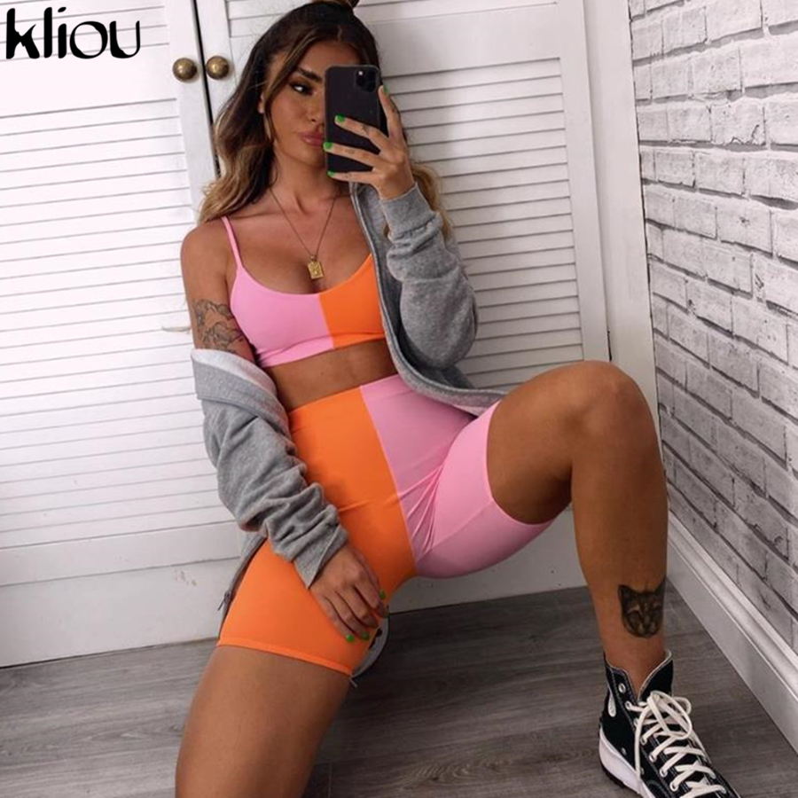 

Kliou women Contrast color patchwork 2 pieces set sleeveless strap crop top high waist biker shorts suit 2020 summer outfit LJ201117, White