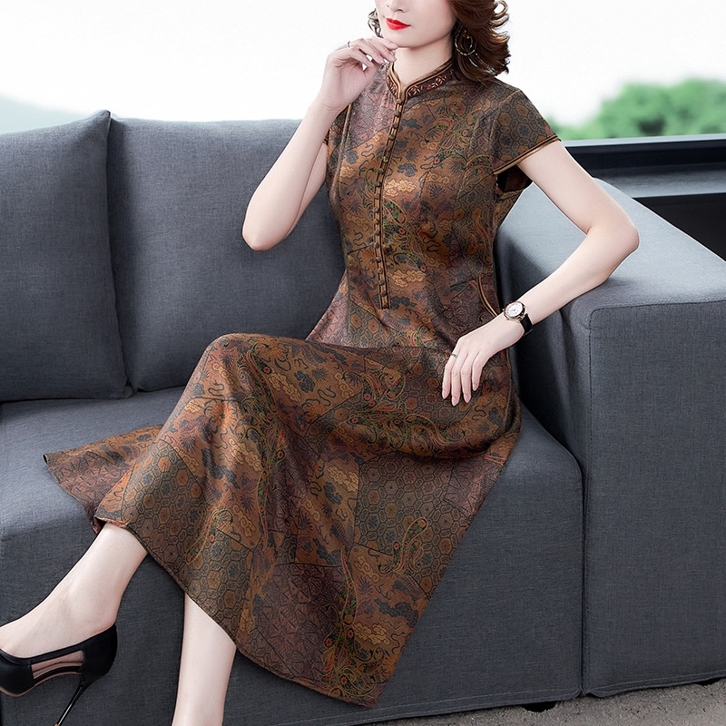 

HM2Mv 2073 fragrant cloud yarn cheongsam improved for women Cheongsam 2020 size Summer Silk New Elegant large Dress mulberry silk dress LS5Tc, Black;gray