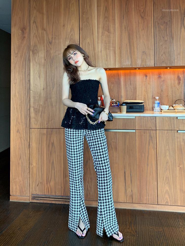 

Peach customized 2020 summer new women' casual pants high waist micro pants thousand bird check with split leg1, Black and white