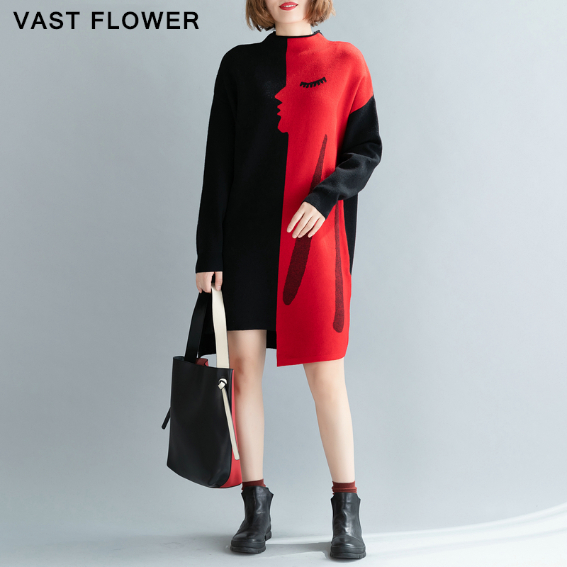 

Plus Size Knitted Vintage Women Dress Turtleneck Long Sleeve Oversized Loose Casual Vestidos Autumn Winter Sweater Dresses 200928, Yellow