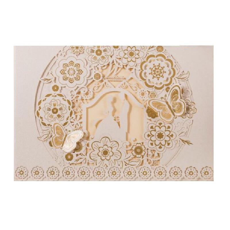 

50 pieces White Gold Laser Cut Buttefly Bride and Groom Design Wedding Invitations cards with envelope