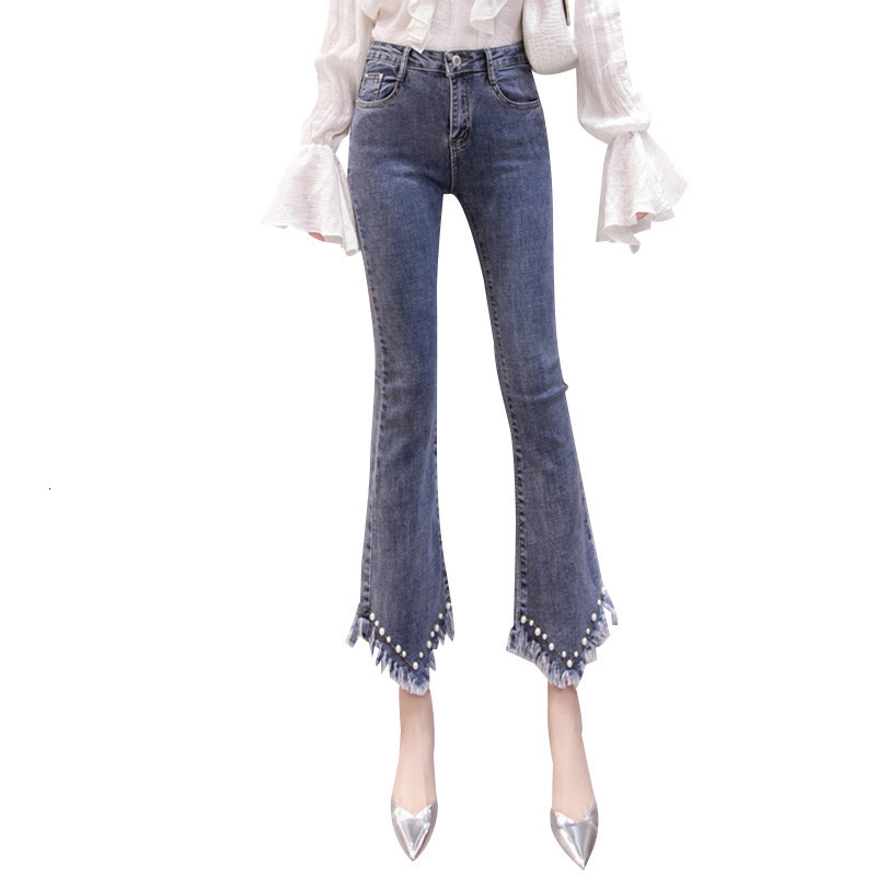 

2021 Spring Summer New Fashion High Waist Tassel Beading Women' Pants Slim Stretch Jeans Trumpet Nine Denim Trousers Y423 M287, Blue
