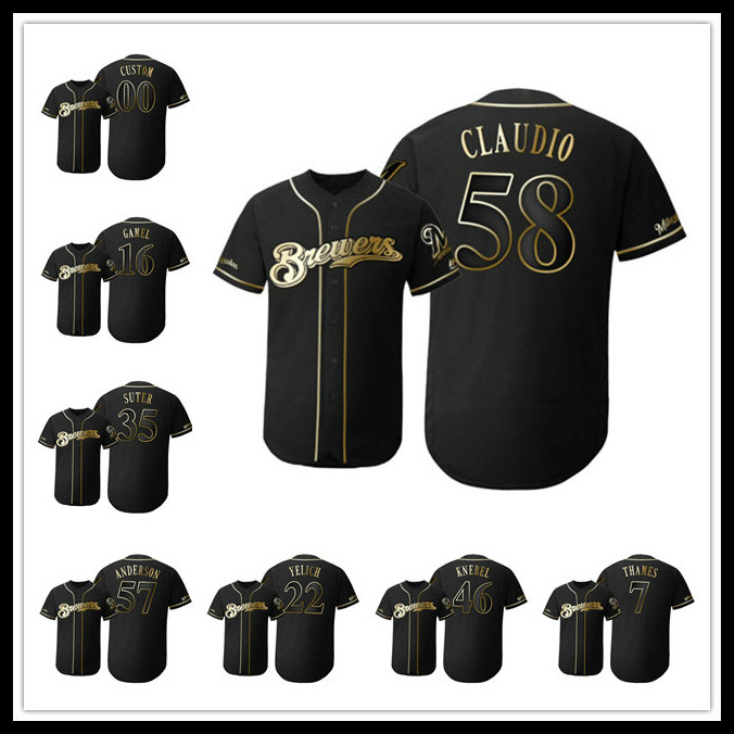 

2019 Golden Edition Milwaukee Brewers MEN WOMEN YOUTH 71 Josh Hader 22 Christian Yelich Flex Base baseball Jersey, Black