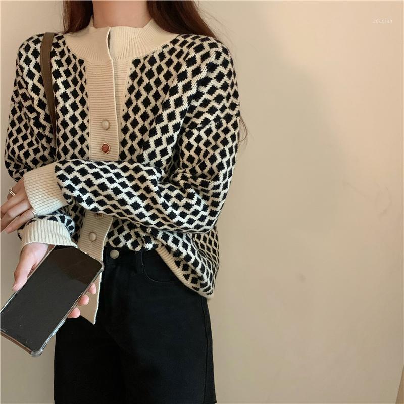 

Autumn and winter knitted sweater diamond check top loose cardigan sweater jacket casual long-sleeved1, Picture color