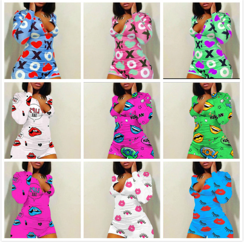 

Designer Women Jumpsuit Pajama Onesies Nightwear Playsuit Workout Button Skinny Cartoon Print Pants V-neck Short Onesies Rompers, 8--14