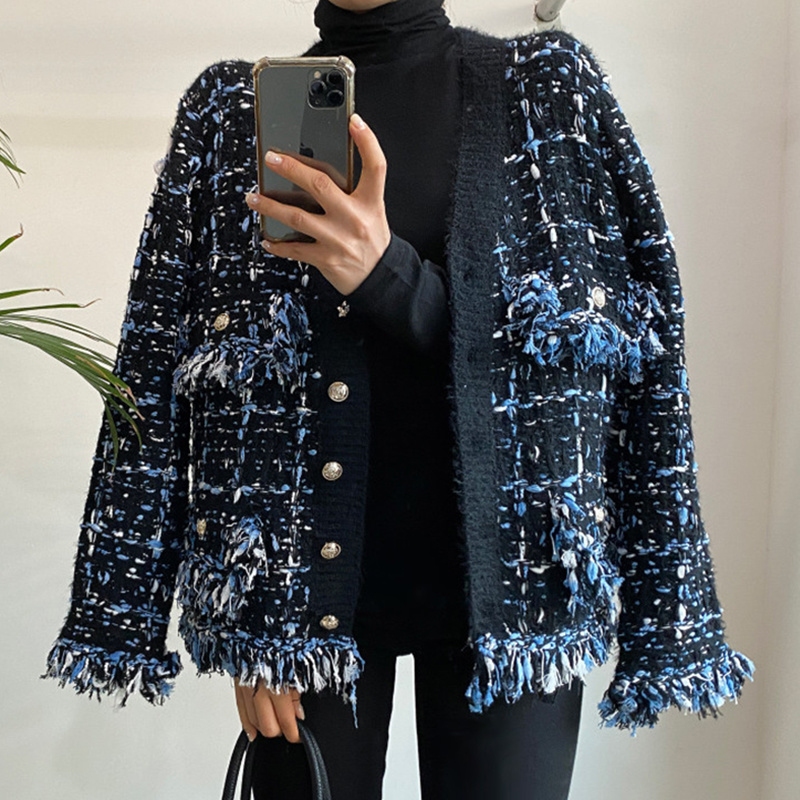 

EWQ Korea Chic Autumn Winter V-ne Tassel Wool Mixed Color Knitted Cardigan Loose Long Sleeve Bla Sweater Coat 2022 16E4362, Black