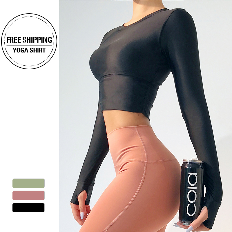 

Tight Seamless Yoga Shirts Women Long Sleeve Cropped Gym Tops Fitness Running Workout Sport T-Shirts Sports Wear 201125, Black