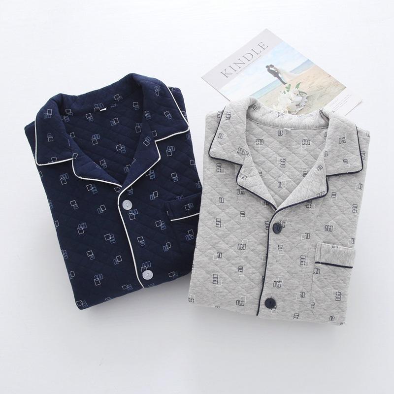 

Fdfklak Cotton Pyjamas Men Lounge Wear Sleeping Suit Men Sleepwear Autumn Winter Gray/Navy Print Long Sleeve Pajama Set1