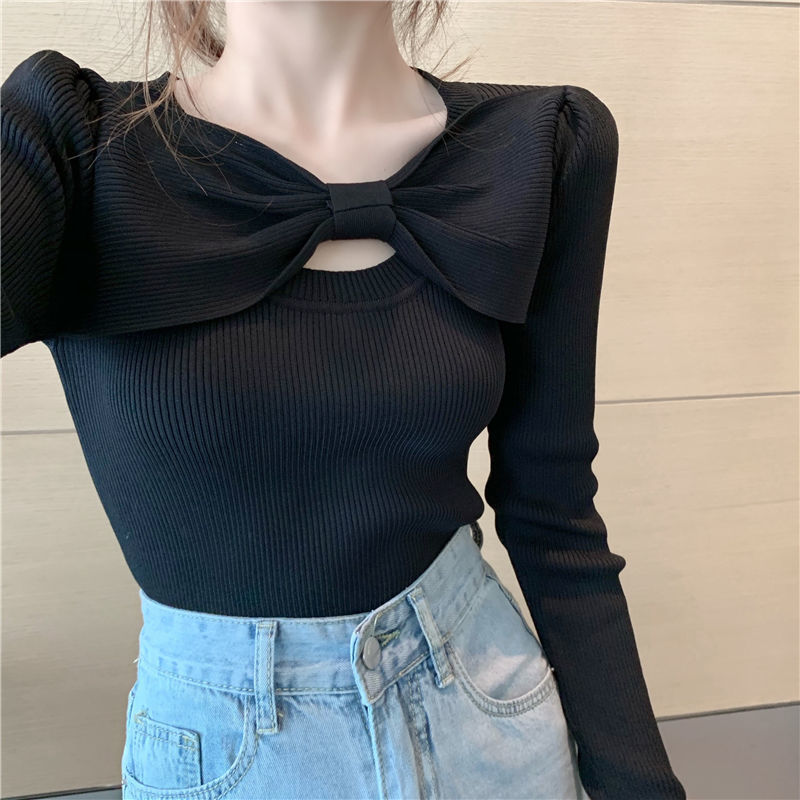 

New fall 2021 female-style shirts knitted pullovers long ladies elegant sleeve jumpers big bow collar y507 GLIW, Hei