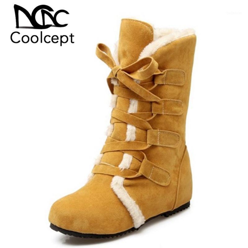 

CoolCept Size 30-52 Women Warm Winter Boots Mid Calf Lace Up Ladies Shoes Round Toe Plush Fur Botas Wedge Snow Footwear1, Black