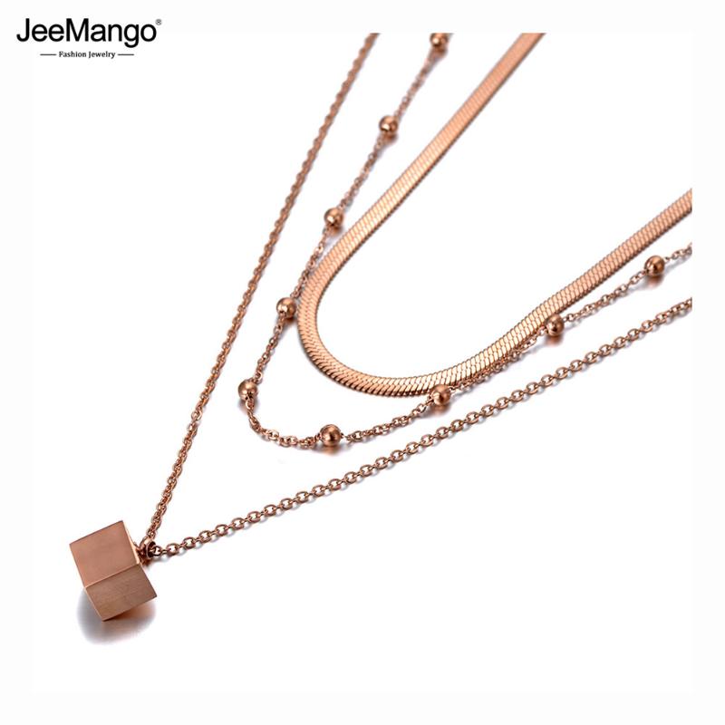 

Chokers JeeMango Bohemia Titanium Stainless Steel Three-layer Square Choker Necklaces Pendant Chain Link Necklace For Women JN20014
