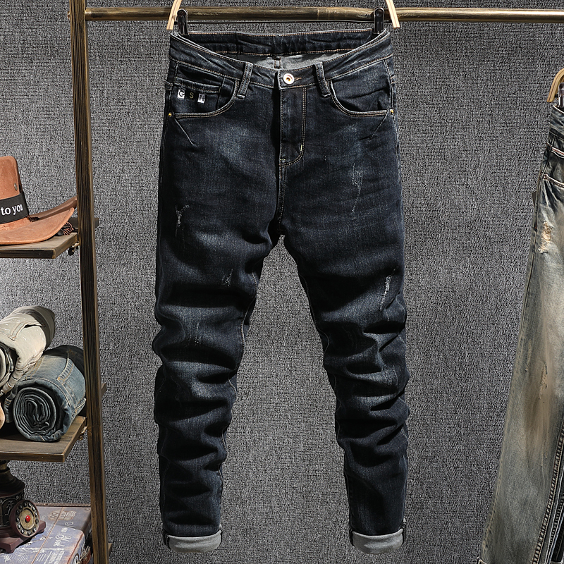 

2021 New Korean Style Fashion Black Blue Slim Fit Ripped Men Denim Pencil Pants Elastic Vintage Designer Jeans Homme Lshx